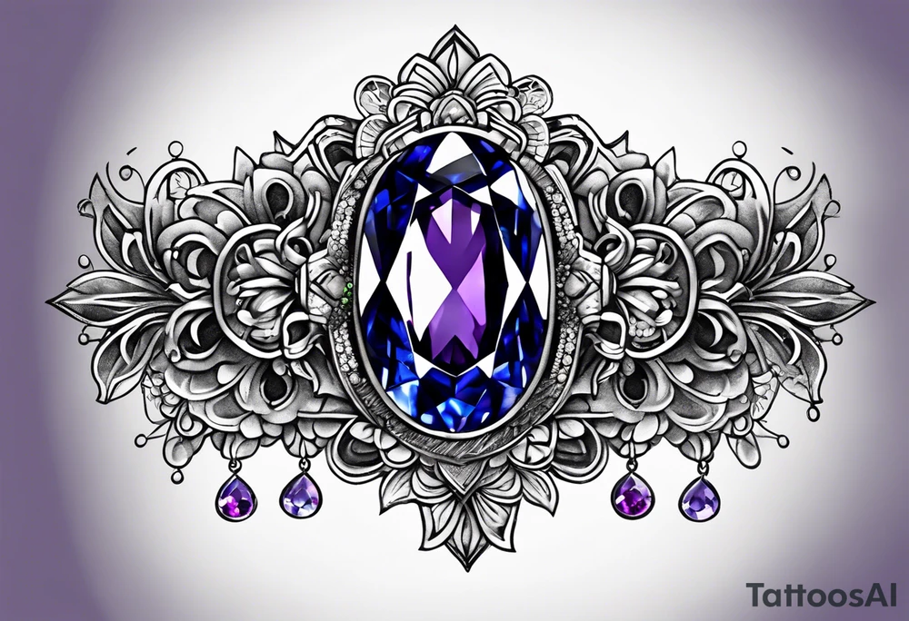 Delicate but strong garter tattoo band with sprinkles of stars and a amethyst, blue sapphire and peridot birthstone tattoo idea