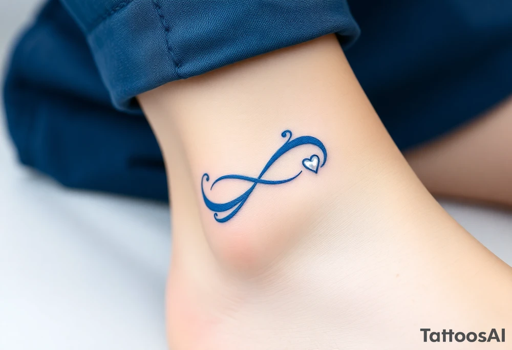 A blue infinity symbol made of delicate waves, with a small heart-shaped pearl tattoo idea