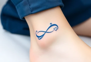 A blue infinity symbol made of delicate waves, with a small heart-shaped pearl tattoo idea