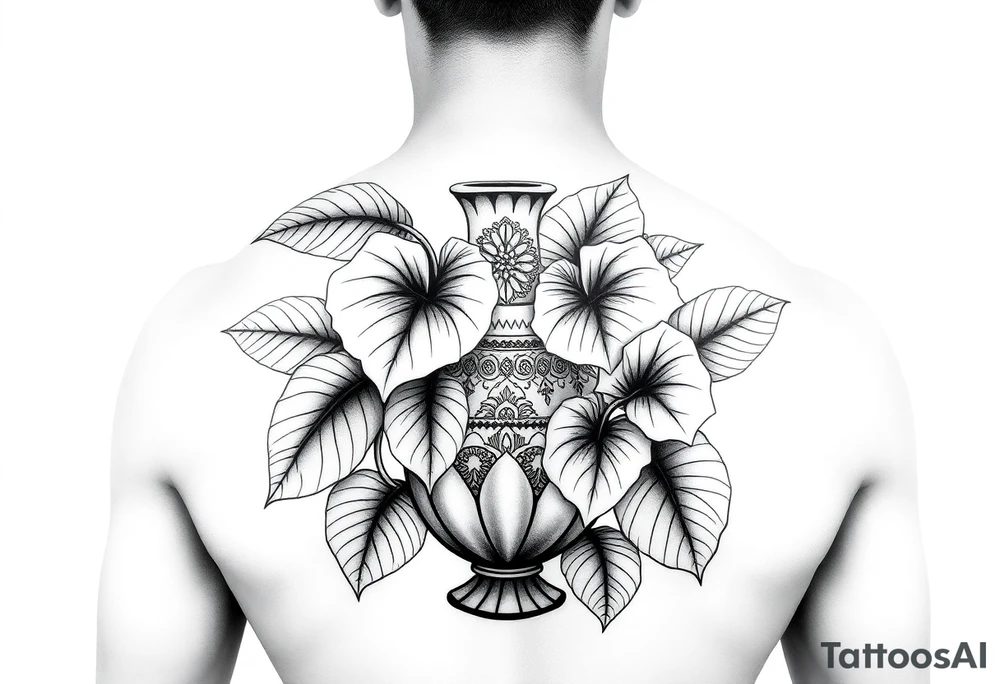 Large Decorative ornamental
 vase with large philodendron leaves tattoo idea