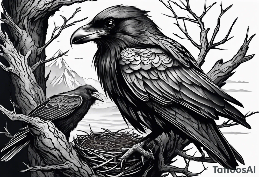 raven and osprey sharing nest tattoo idea