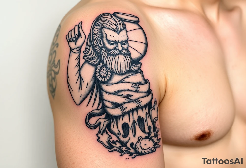 A large humanized god carrying a jar on his shoulder, the jar flows from water to create a marine environment tattoo idea