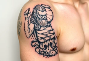 A large humanized god carrying a jar on his shoulder, the jar flows from water to create a marine environment tattoo idea