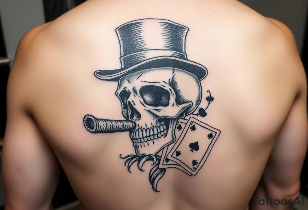 a skull with mustache, a big cigar in his mouth,top-hat on his head and playing cards in a hand. tattoo idea