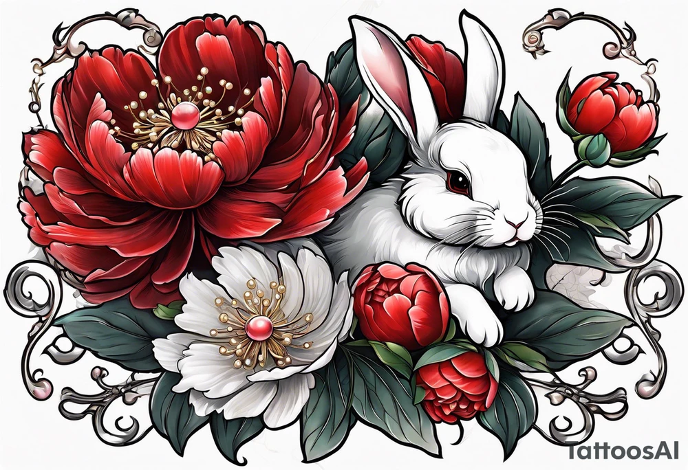 Red peony with pearls dangling and bunny tattoo idea