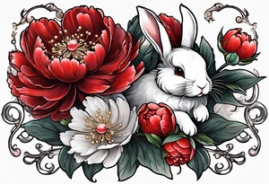 Red peony with pearls dangling and bunny tattoo idea