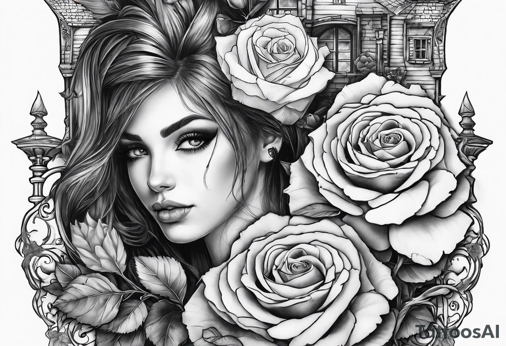 fool sleeve,, abandoned old gotic house, broken sword, roses, tattoo idea