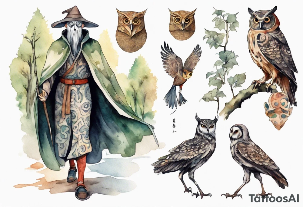 a tall thin man in a medieval tunic wearing an owl mask walking in a forest with the feet of a bird tattoo idea