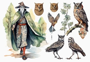 a tall thin man in a medieval tunic wearing an owl mask walking in a forest with the feet of a bird tattoo idea