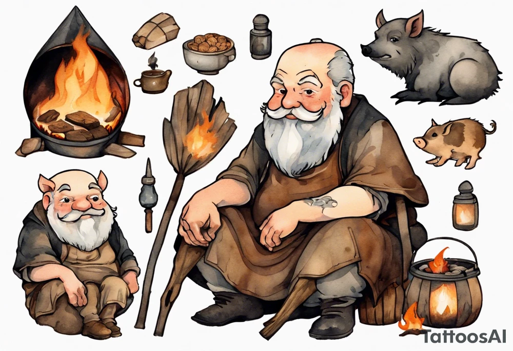 a 55-year-old medieval fat Bavarian man with a grey beard wearing a brown and black tunic sitting by a campfire with his pet boar tattoo idea