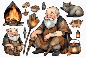 a 55-year-old medieval fat Bavarian man with a grey beard wearing a brown and black tunic sitting by a campfire with his pet boar tattoo idea