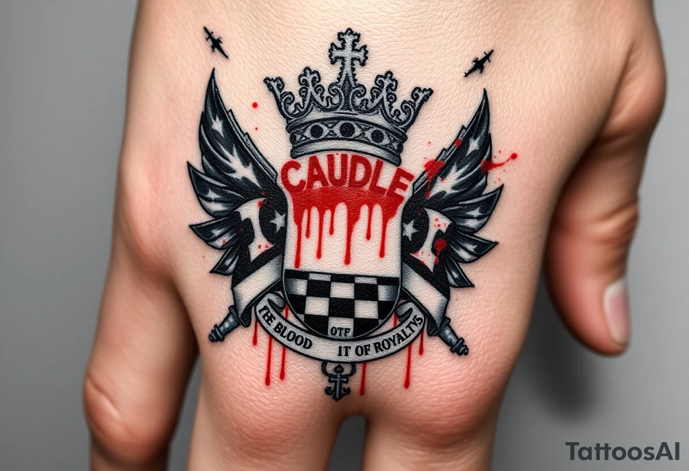 Men Doom Crest  with A Giant King Crown, CAUDLE written inside red, a chessboard, blood splatter on top of two  racing flags & OTF inside, The Words The Blood Of Royalty in red underneath the crest & 🌍 symbol in red outside of the crest, And raining blood drops, Jets/Airplanes/Helicopters/explosives flying above & Guns & Tanks & soldiers & knights plus ships tattoo idea