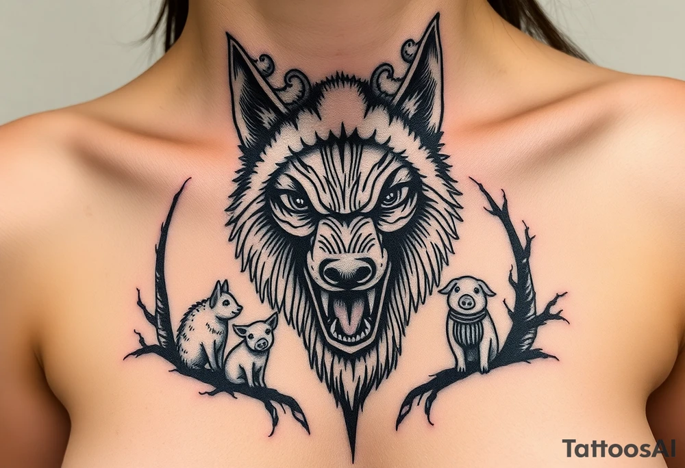 Big bad wolf nursery rhyme wearing a sheep costume with sheep head hood to kill and eat the three little pigs and little red riding hood in the woods tattoo idea