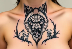 Big bad wolf nursery rhyme wearing a sheep costume with sheep head hood to kill and eat the three little pigs and little red riding hood in the woods tattoo idea