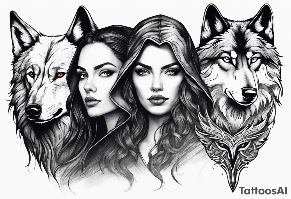 A witch, a raven and a wolf tattoo idea