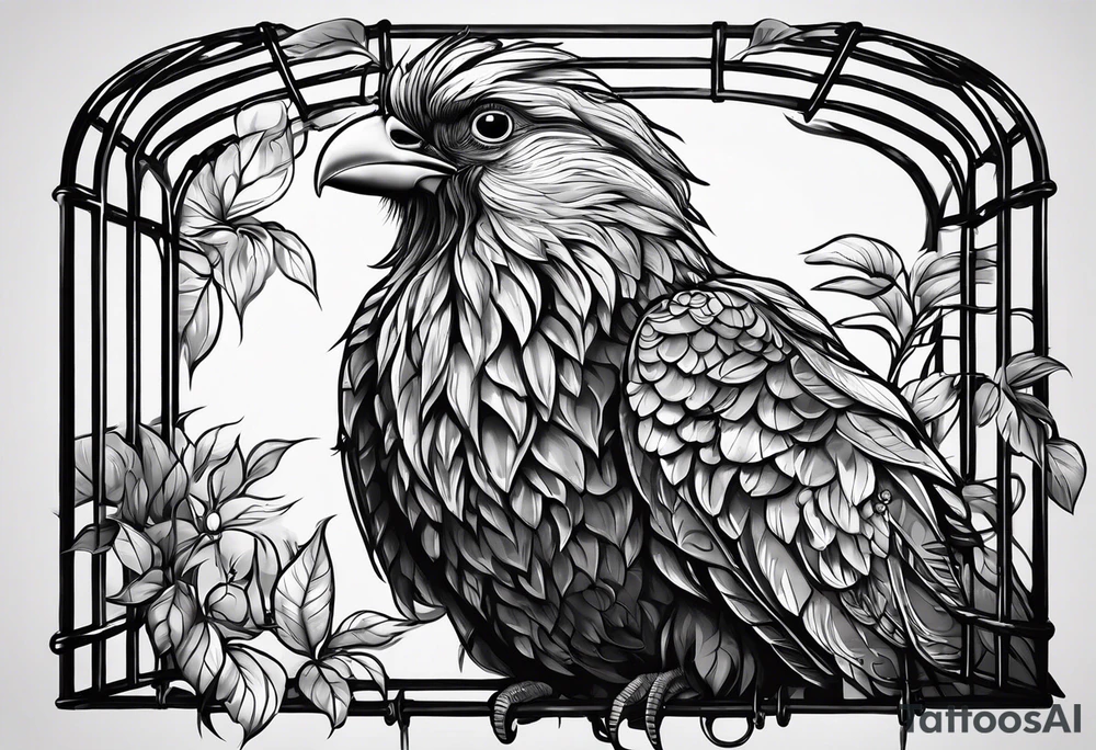 really big bird in a long but really too small cage for him. Add decoration on the left top of the cage like 
foliage tattoo idea