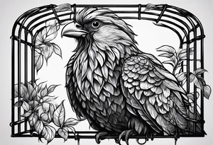 really big bird in a long but really too small cage for him. Add decoration on the left top of the cage like 
foliage tattoo idea