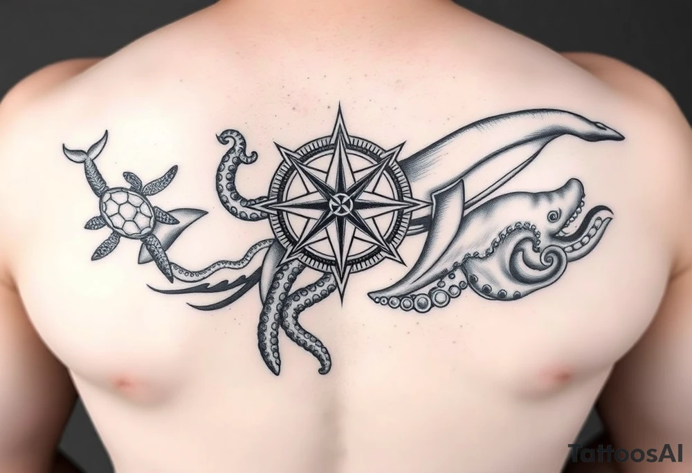 black and grey realist tattoo sleeve consisting of Compass Rose Placement: Centered on the inner forearm as a focal point.
Loggerhead Turtles: Swimming along the forearm, possibly near the wrist or upper arm.
Octopus: Wrapping its tentacles around the design, creating movement.
Whales: A large whale gliding through the upper forearm or bicep area.
Waves: Flowing throughout, acting as the background to tie everything together. tattoo idea