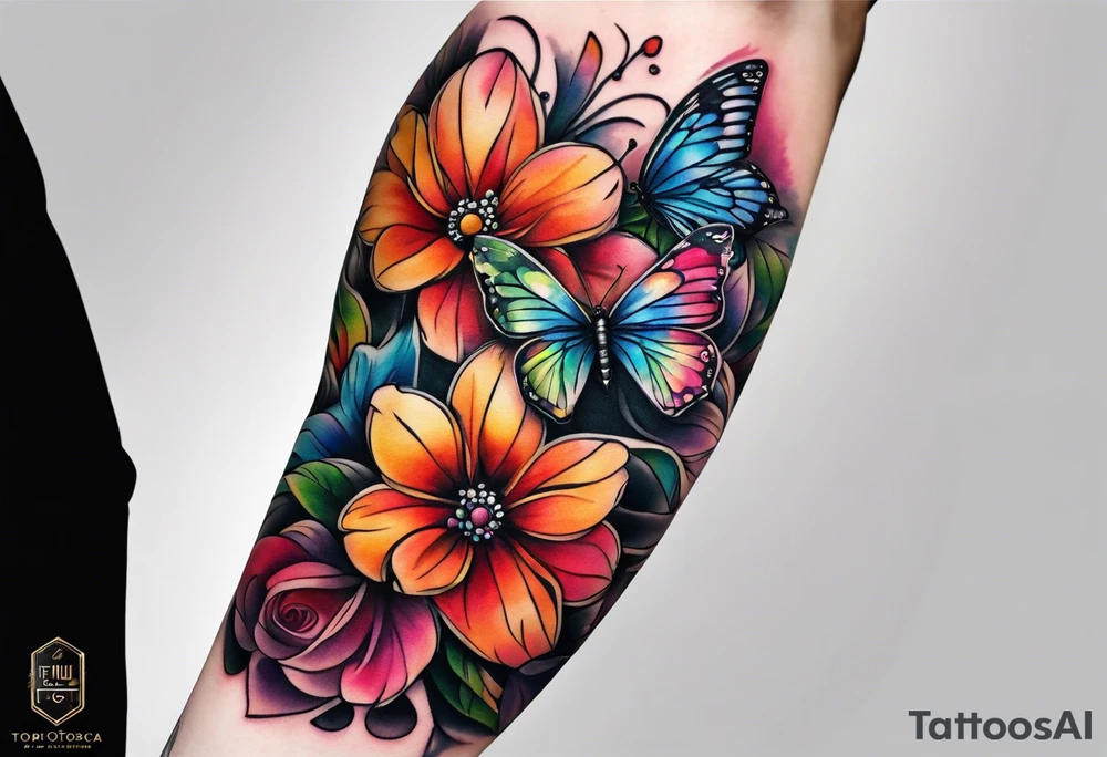 Arm sleeve with rainbow flowers and butterflies tattoo idea