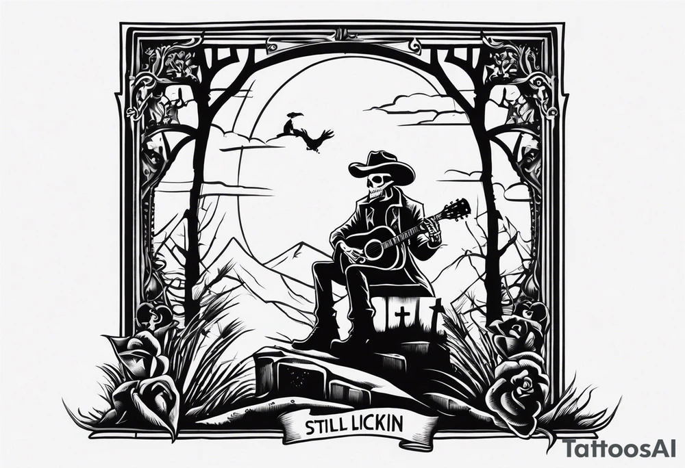 A skeleton with a cowboy hat on playing the guitar while sitting on a gravestone engraved with the words "Still Kickin'" and a pair of cowboy boots tattoo idea