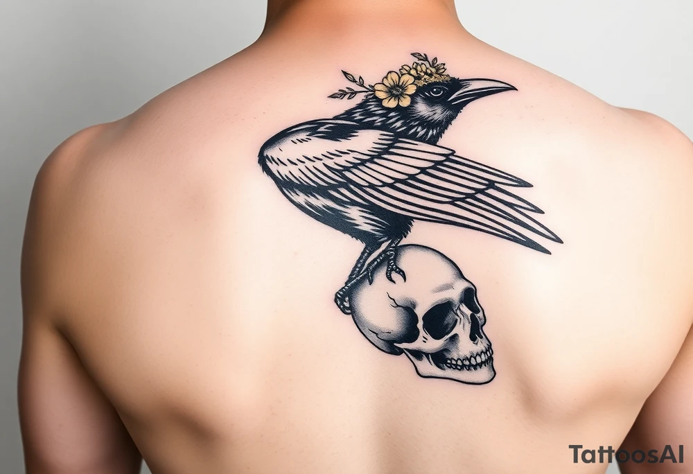 Crow with yellow flower crown, carrying a wand and perched on skull tattoo idea