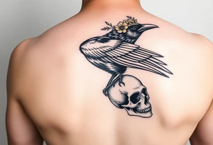 Crow with yellow flower crown, carrying a wand and perched on skull tattoo idea