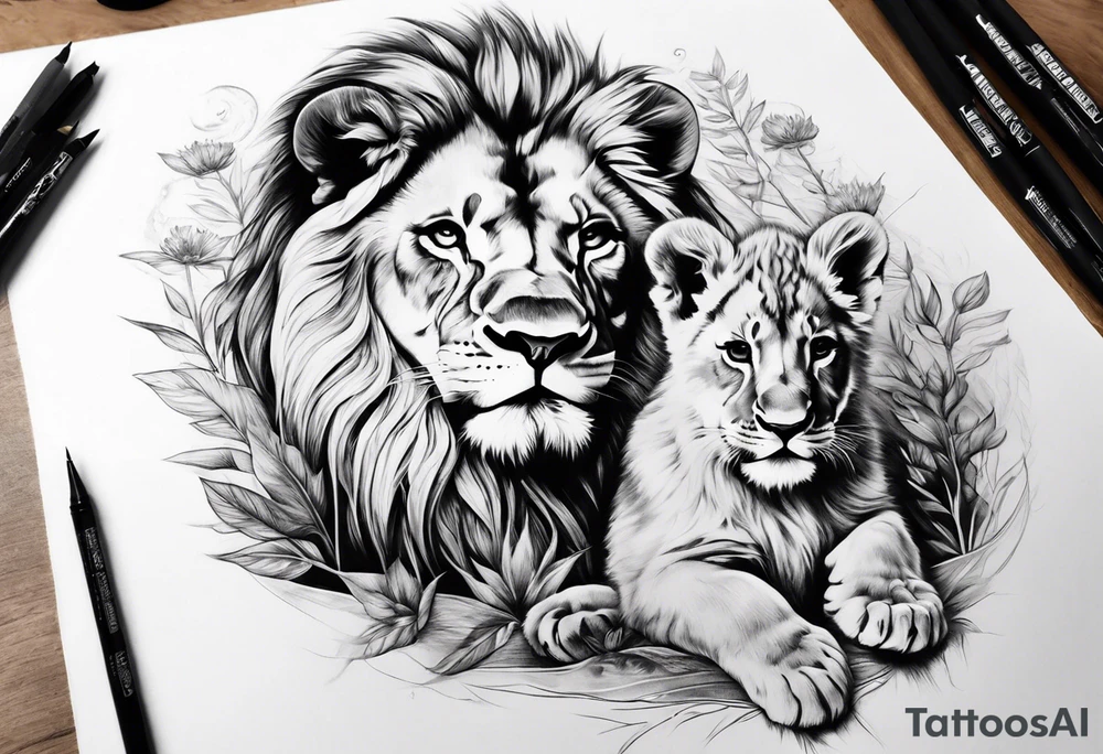 shoulder sleeve with lion and cub, landscape background tattoo idea