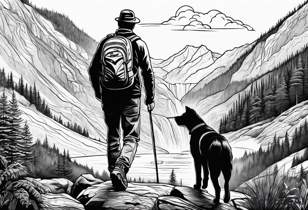 father son hiking with their dog and cat in the mountains, nature, waterfall, rive tattoo idea