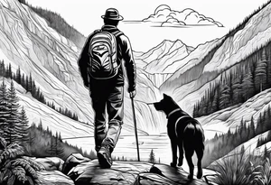 father son hiking with their dog and cat in the mountains, nature, waterfall, rive tattoo idea