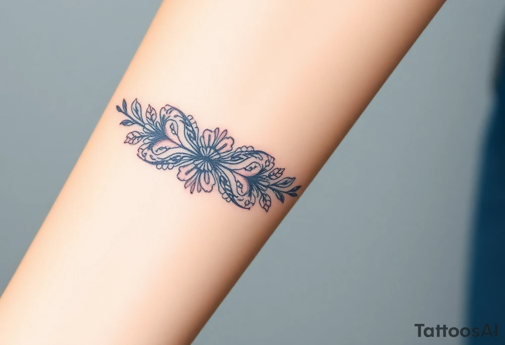 A lace ribbon around the forearm, with fine embroidery-inspired details tattoo idea