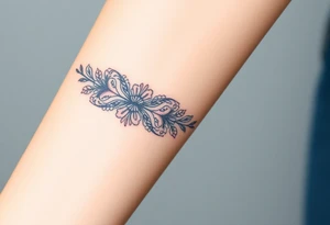 A lace ribbon around the forearm, with fine embroidery-inspired details tattoo idea