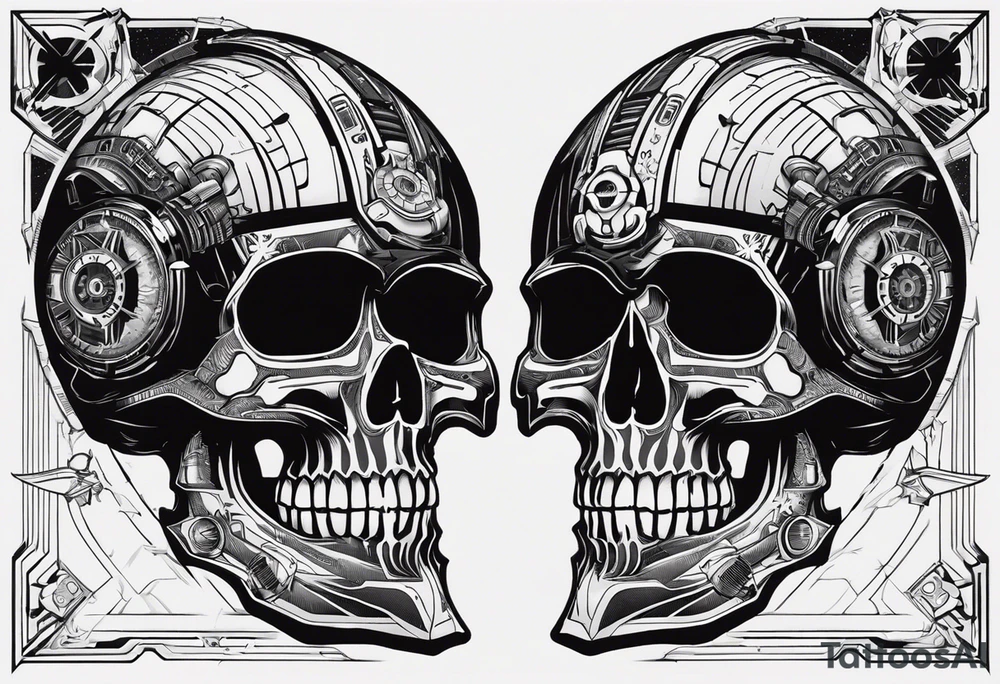 Powerful skull with an engine, also the dseign must be vertical. Also, the desing must be minimalistic not saturated. Remember the vertical proportion of the design. Within the design appears a spaceship with stars tattoo idea