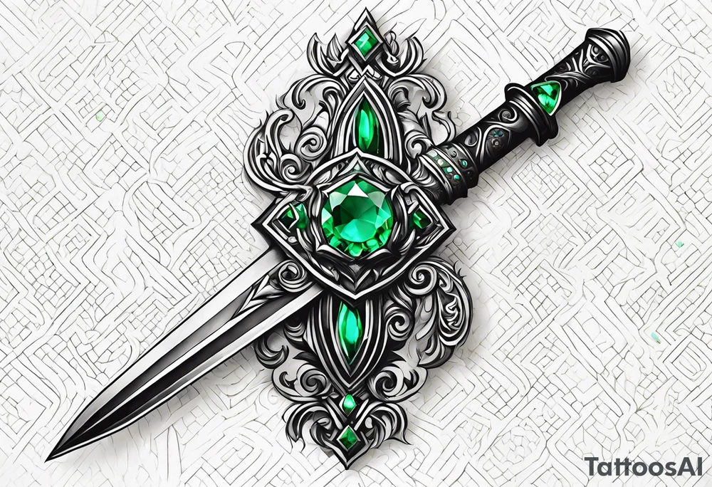 An athame dagger with the hilt turned upward and emerald gemstones on the hilt tattoo idea