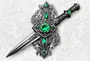 An athame dagger with the hilt turned upward and emerald gemstones on the hilt tattoo idea