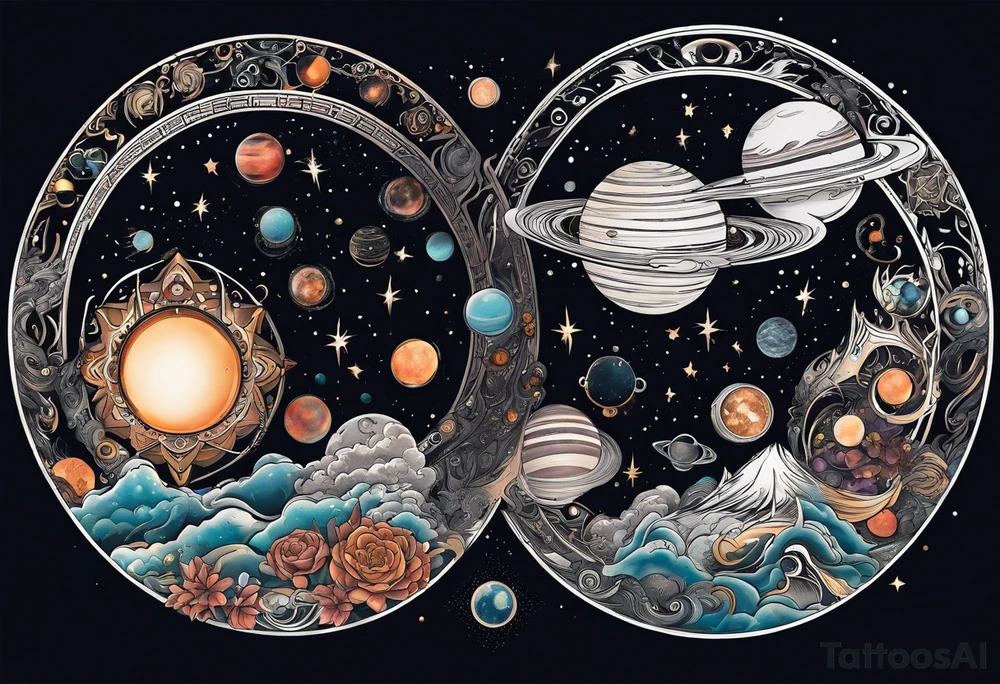 A tattoo featuring a cosmic scene with planets, black holes, and supernovae intertwined with intricate linguistic symbols, reflecting the client's interests in cosmology and linguistics. tattoo idea
