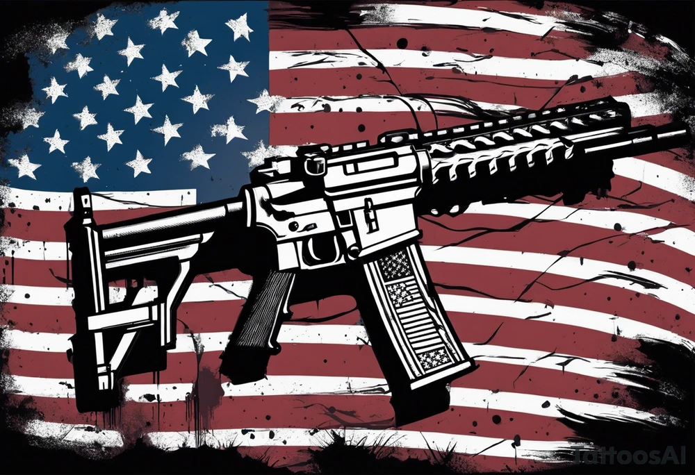 Distressed American flag behind a cross with 2 guns leaned on it simpler tattoo idea