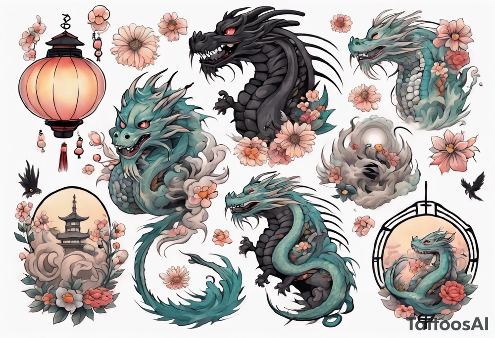 spirited away, chihiro, soot sprites, haku dragon, pastel, flowers, chinese lanterns, manga, neotraditional style tattoo forearm tattoo idea