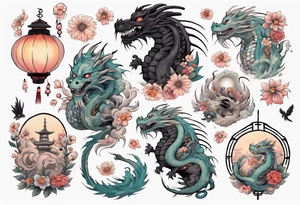 spirited away, chihiro, soot sprites, haku dragon, pastel, flowers, chinese lanterns, manga, neotraditional style tattoo forearm tattoo idea