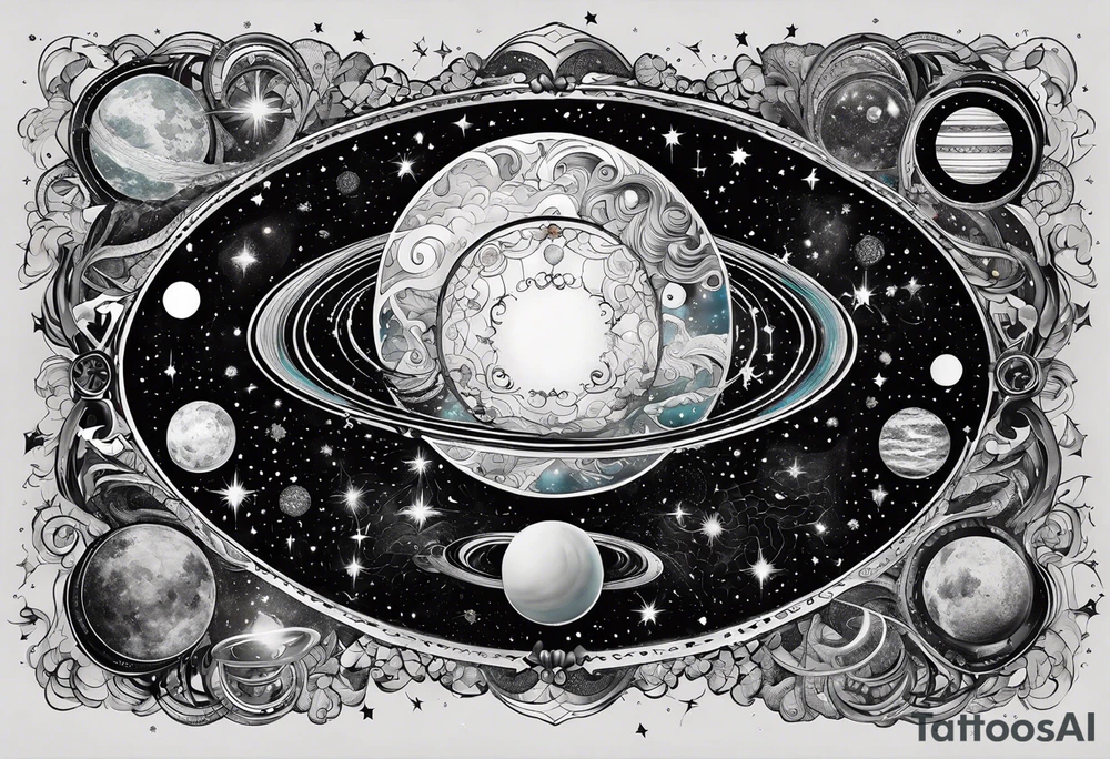 A tattoo featuring a cosmic scene with planets, black holes, and supernovae intertwined with intricate linguistic symbols, reflecting the client's interests in cosmology and linguistics. tattoo idea