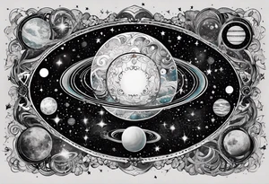 A tattoo featuring a cosmic scene with planets, black holes, and supernovae intertwined with intricate linguistic symbols, reflecting the client's interests in cosmology and linguistics. tattoo idea