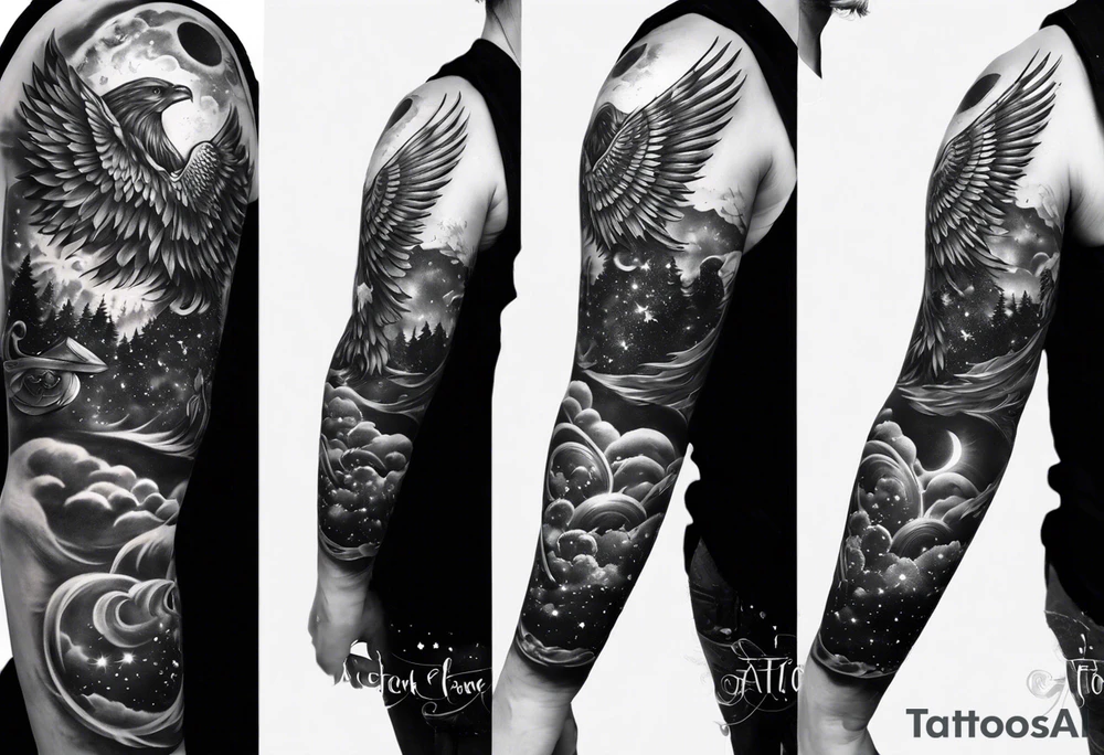 I want sleeve on my right arm depicting four sections, one celestial style with a friend drifting through the cosmos as an angel. One of a band hugging each other standing, one of love lost and found, and a phoenix atop all of it on my shoulder tattoo idea