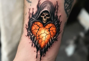 A Reaper with a cracked hourglass heart glowing orange, surrounded by fading gray mist. tattoo idea
