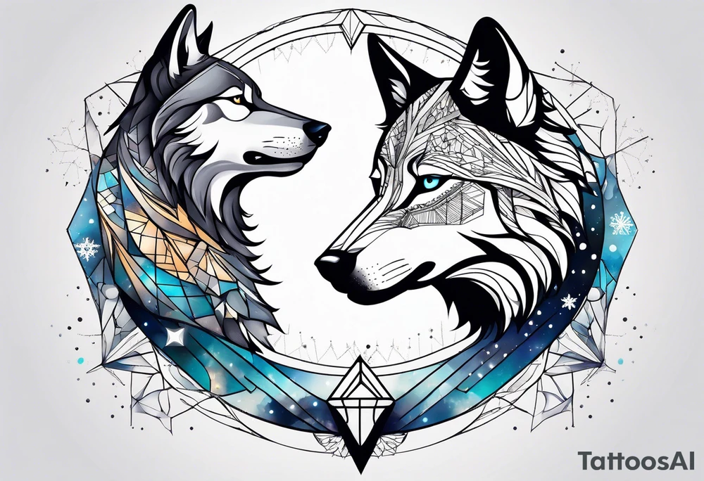 Constellation, two animal wolf, géométric, snowflake tattoo idea