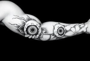 Half sleeve with eyeballs ripping out of the skin, inside of forearm is poorly stitched closed tattoo idea