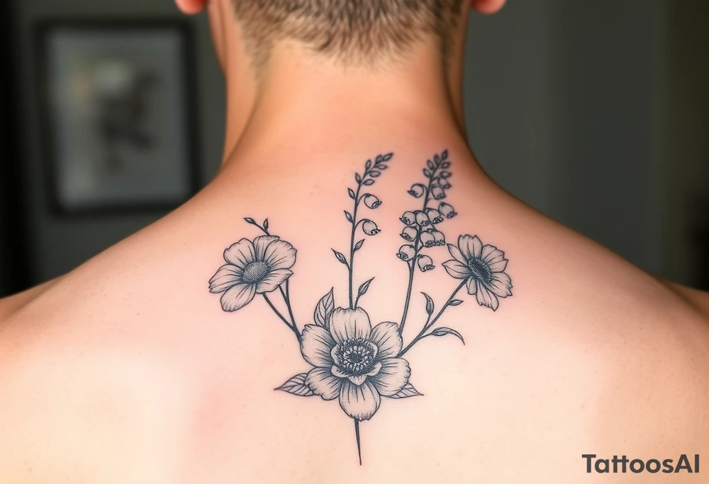 small tattoo with cosmos, lily of the valley, and chrysanthemum tattoo idea