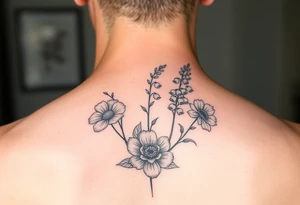 small tattoo with cosmos, lily of the valley, and chrysanthemum tattoo idea