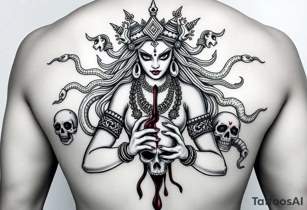 Mythological Chhinnamasta in dramatic tattoo style — nude goddess, fierce eyes, holding severed head, jets of blood. Attendants beside her drink the blood. Garlands of skulls, serpents around arms. Symbolizes self-sacrifice, duality, transformation. Epic composition, Hindu-inspired tattoo, high detail. tattoo idea