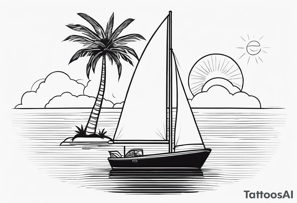 Clean lines palm tree boat sun tattoo idea