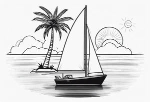 Clean lines palm tree boat sun tattoo idea