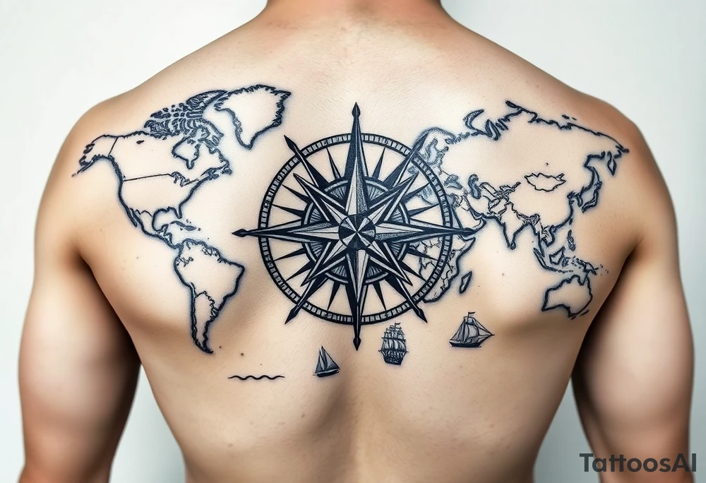 antique compass rose overlaid on weathered world map with sailing ships tattoo idea
